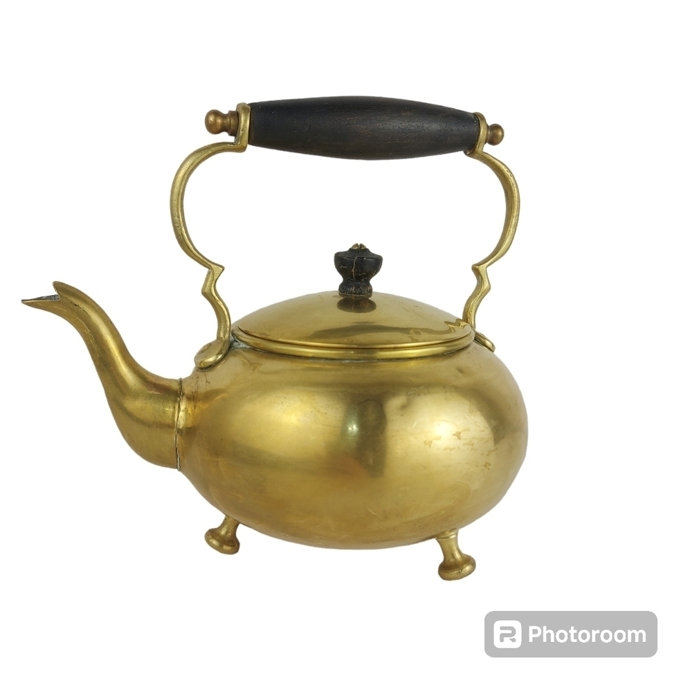Vintage Brass footed kettle tea pot wood handle